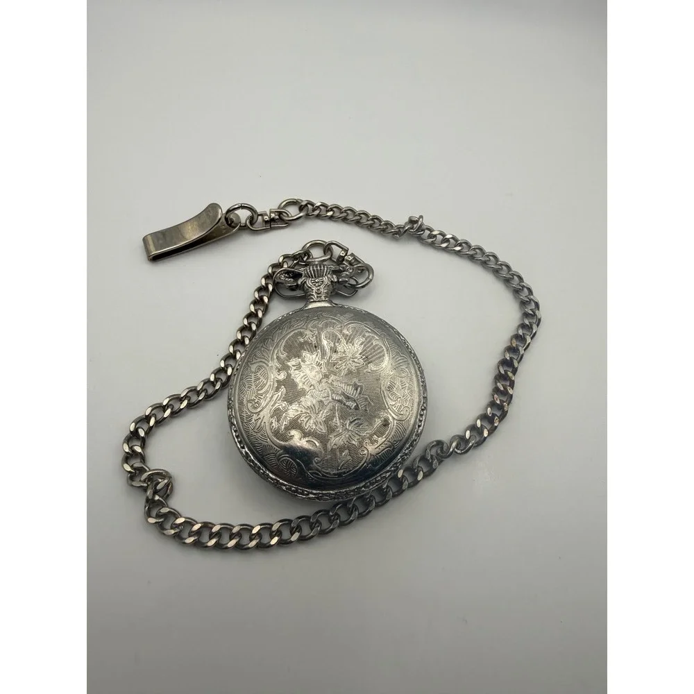 Vintage Silver Tone Eagle Embossed Pocket Watch Hunter Case Arabic Numeral Dial